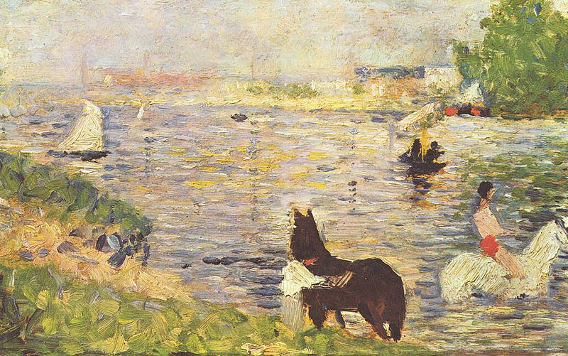 Georges Seurat Weibes und schwarzes Pferd im Flub oil painting picture